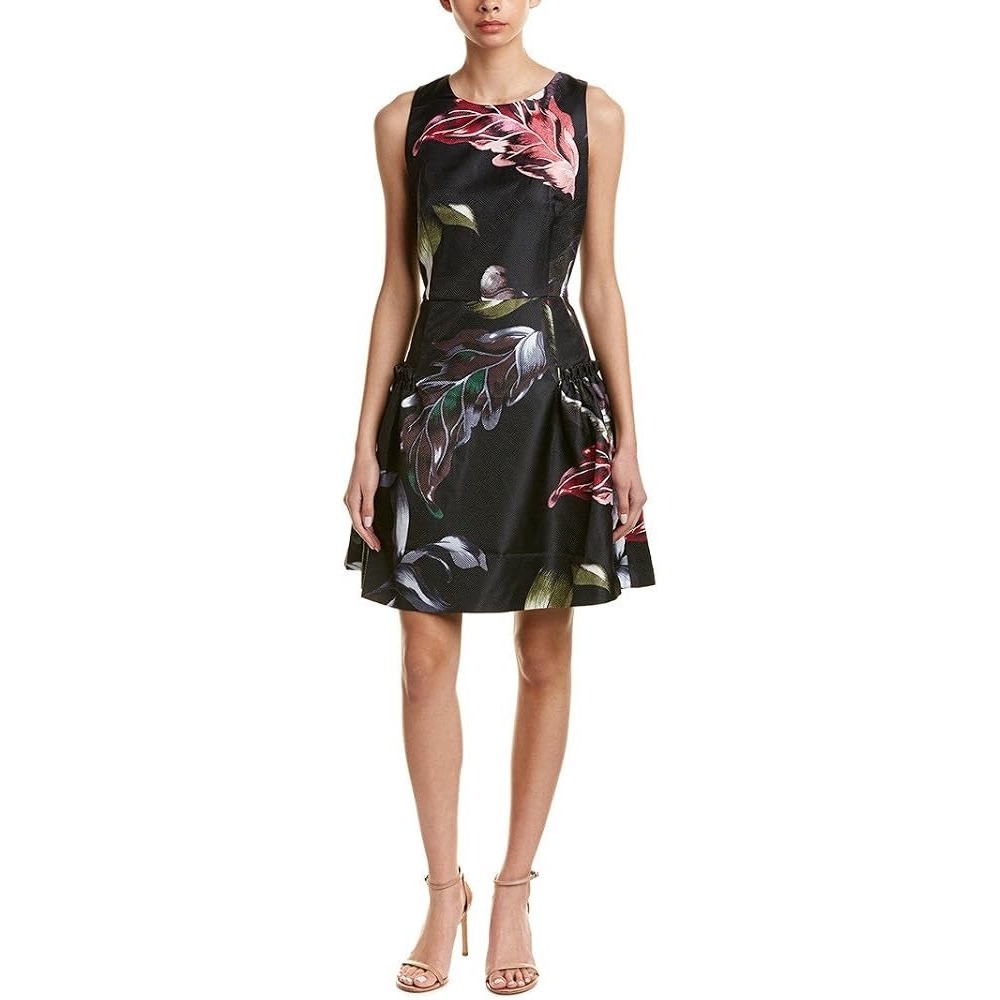 Ted Baker London Black Floral Jacquard Drop Waist Fit & Flare Dress Sz 2 Medium